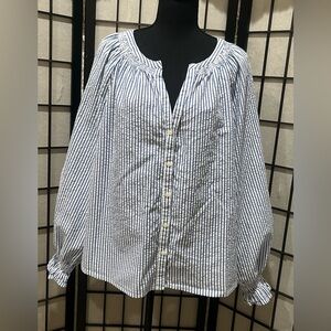 GAP Classic Blue and White Striped PEASANT BLOUSE, WOMEN SIZE XL